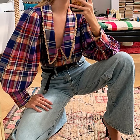 Free People Bexley Balloon Sleeve Plaid Top Relaxed Oversize Fit XS Button Front - Picture 3 of 16